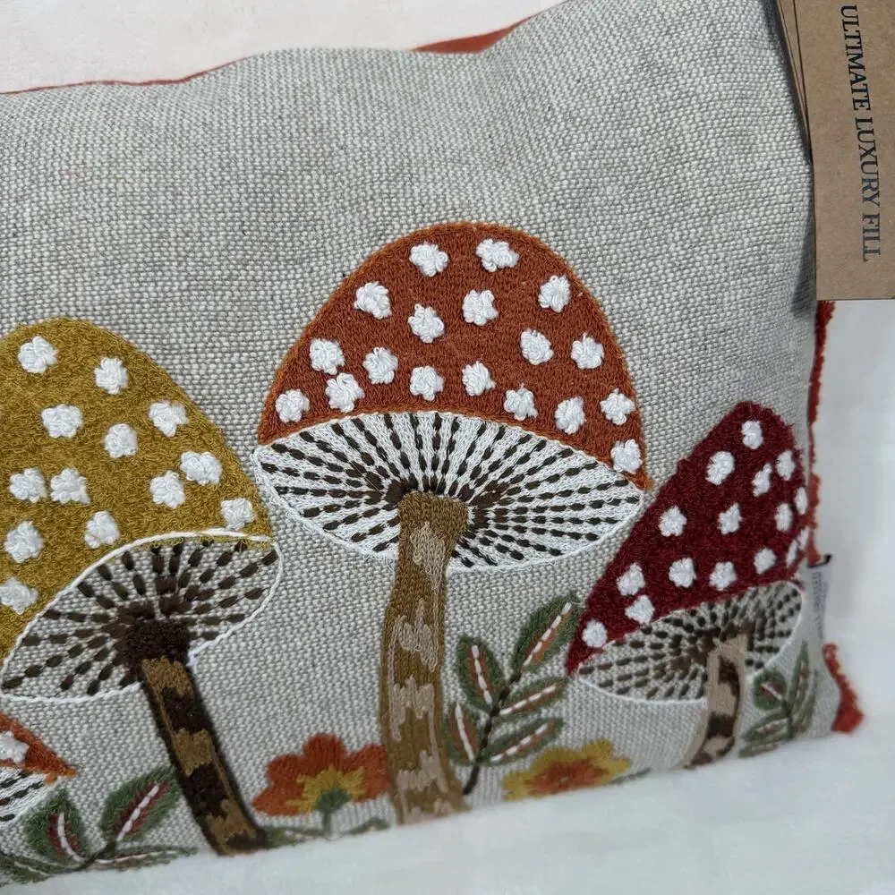 Well Dressed Home Mushroom Embroidered Lumbar Pillow Cottagecore Woodland NWT